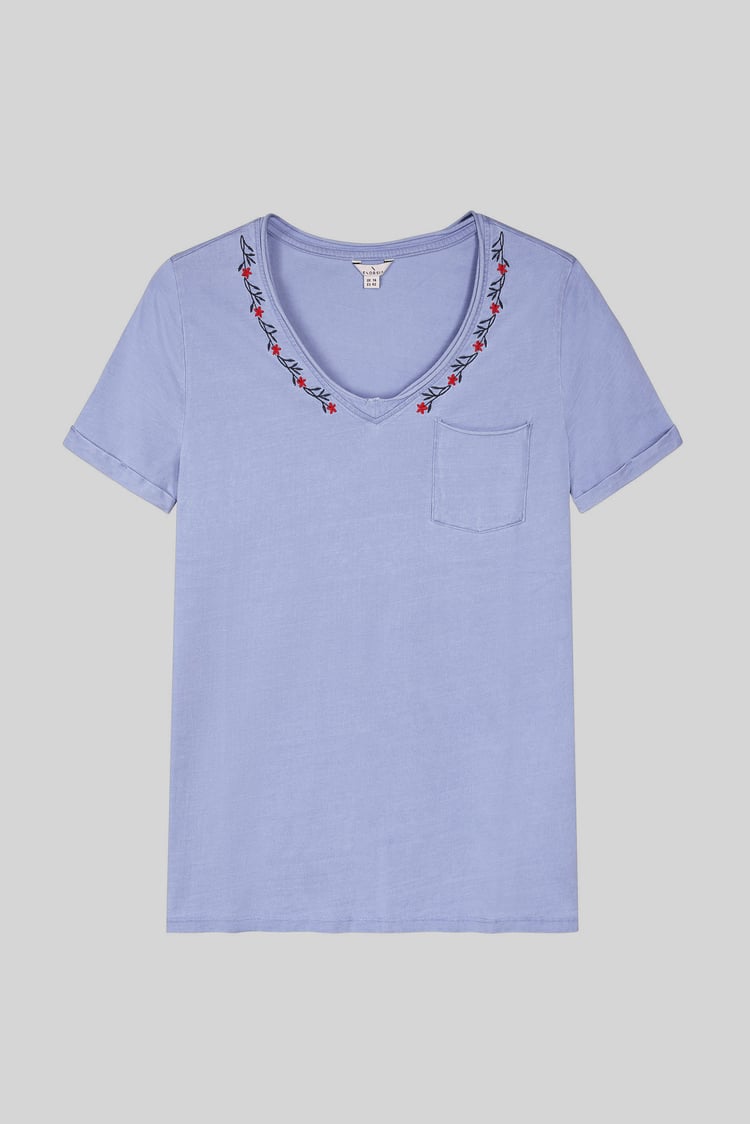 Indigo Washed Embroidered V-Neck T-shirt