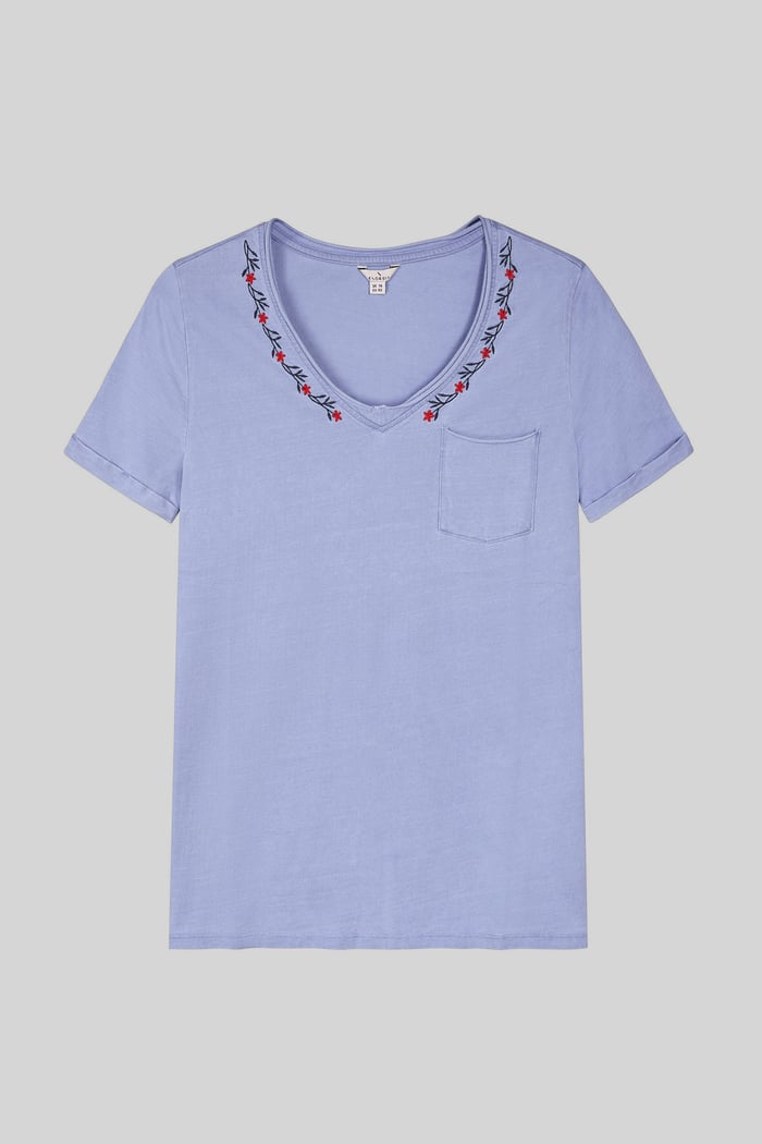 Indigo Washed Embroidered V-Neck T-shirt