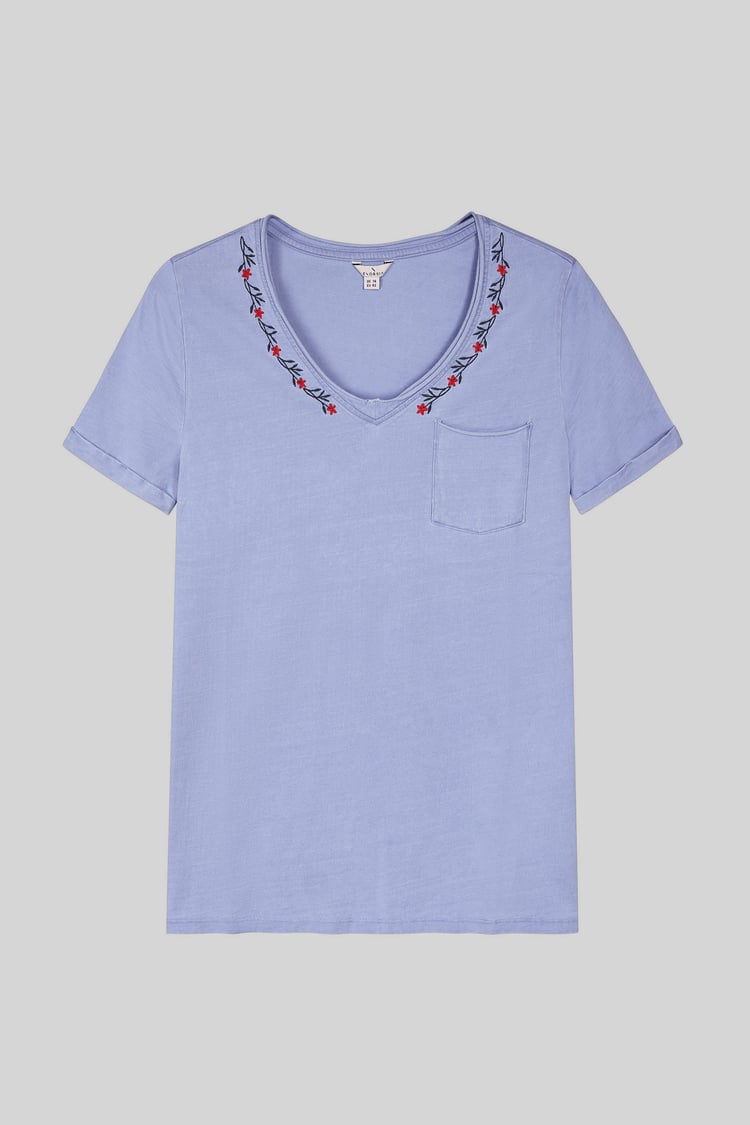 Indigo Washed Embroidered V-Neck T-shirt