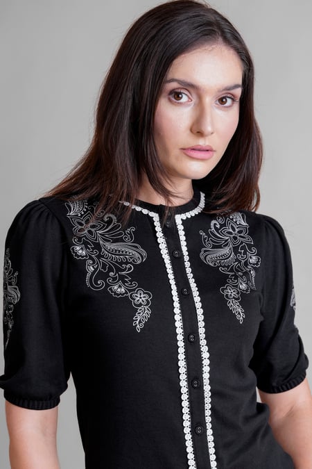Black Lace Trimmed Puff Sleeve Tops