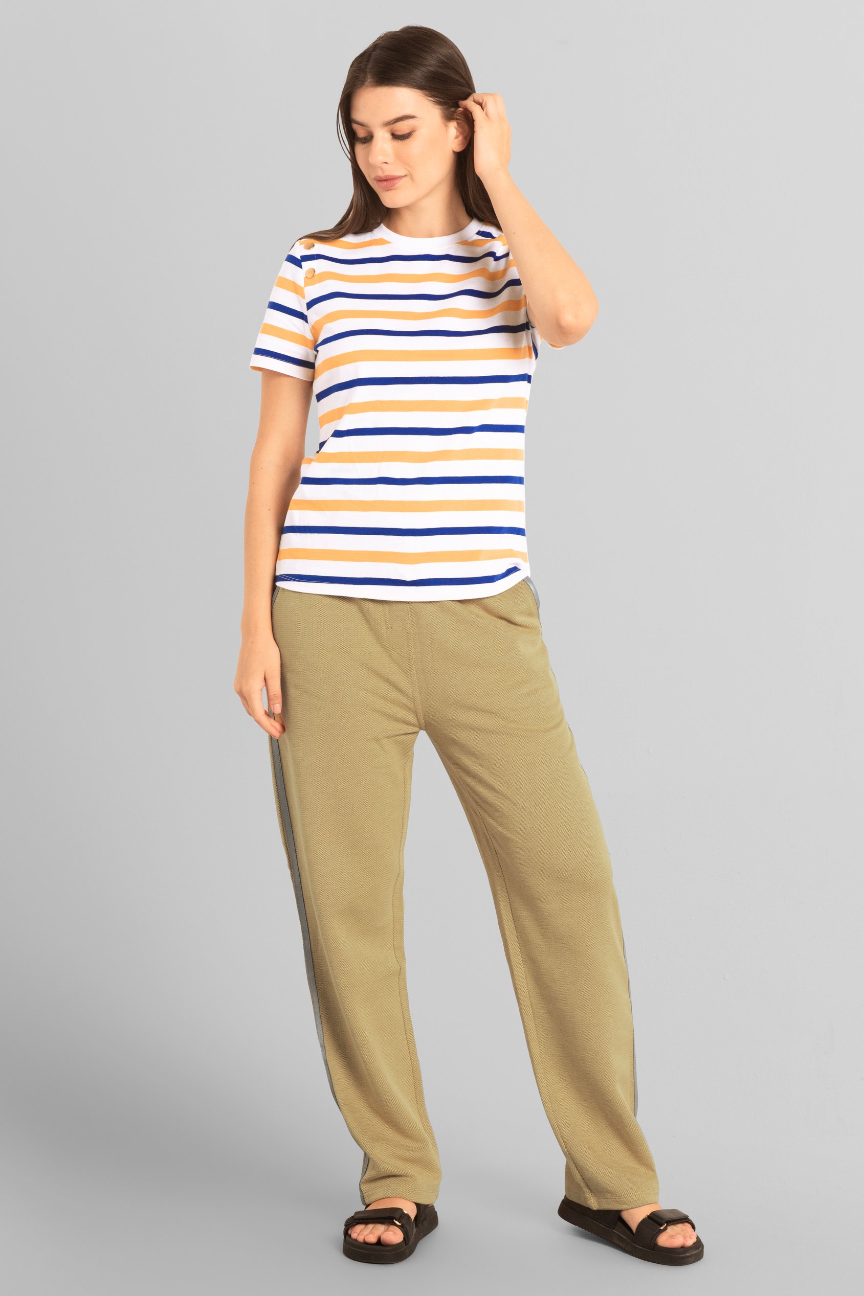 Womens Button Details Stripe T-Shirt