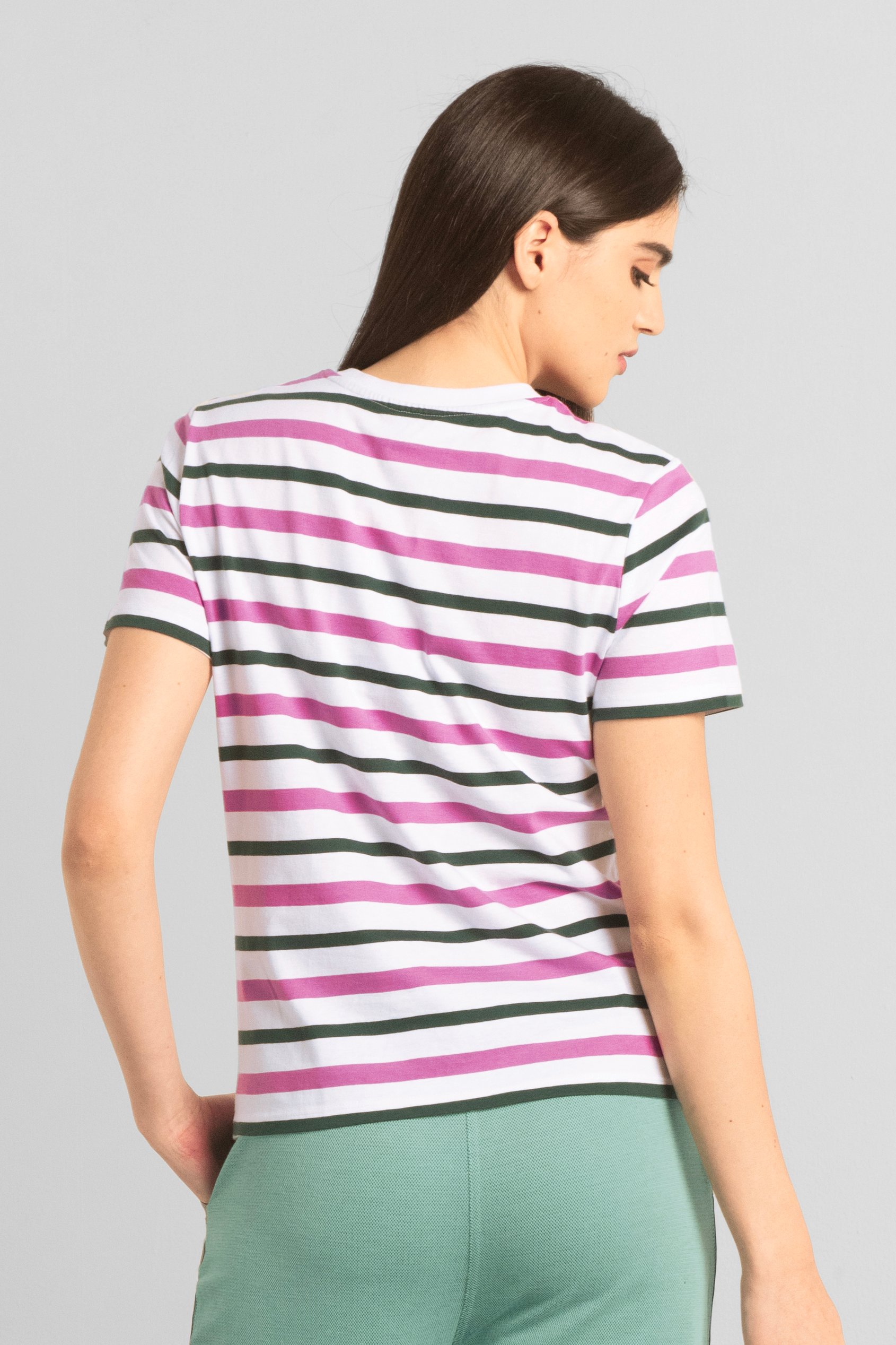 Womens Button Details Stripe T-Shirt