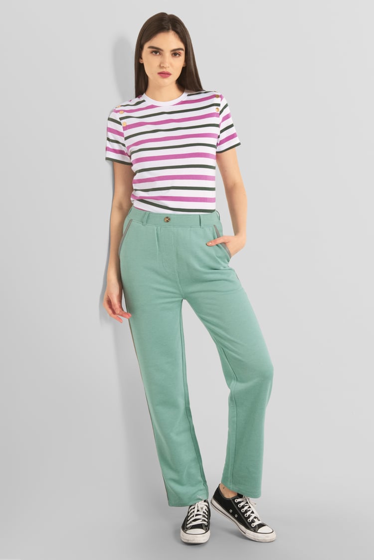 Womens Button Details Stripe T-Shirt