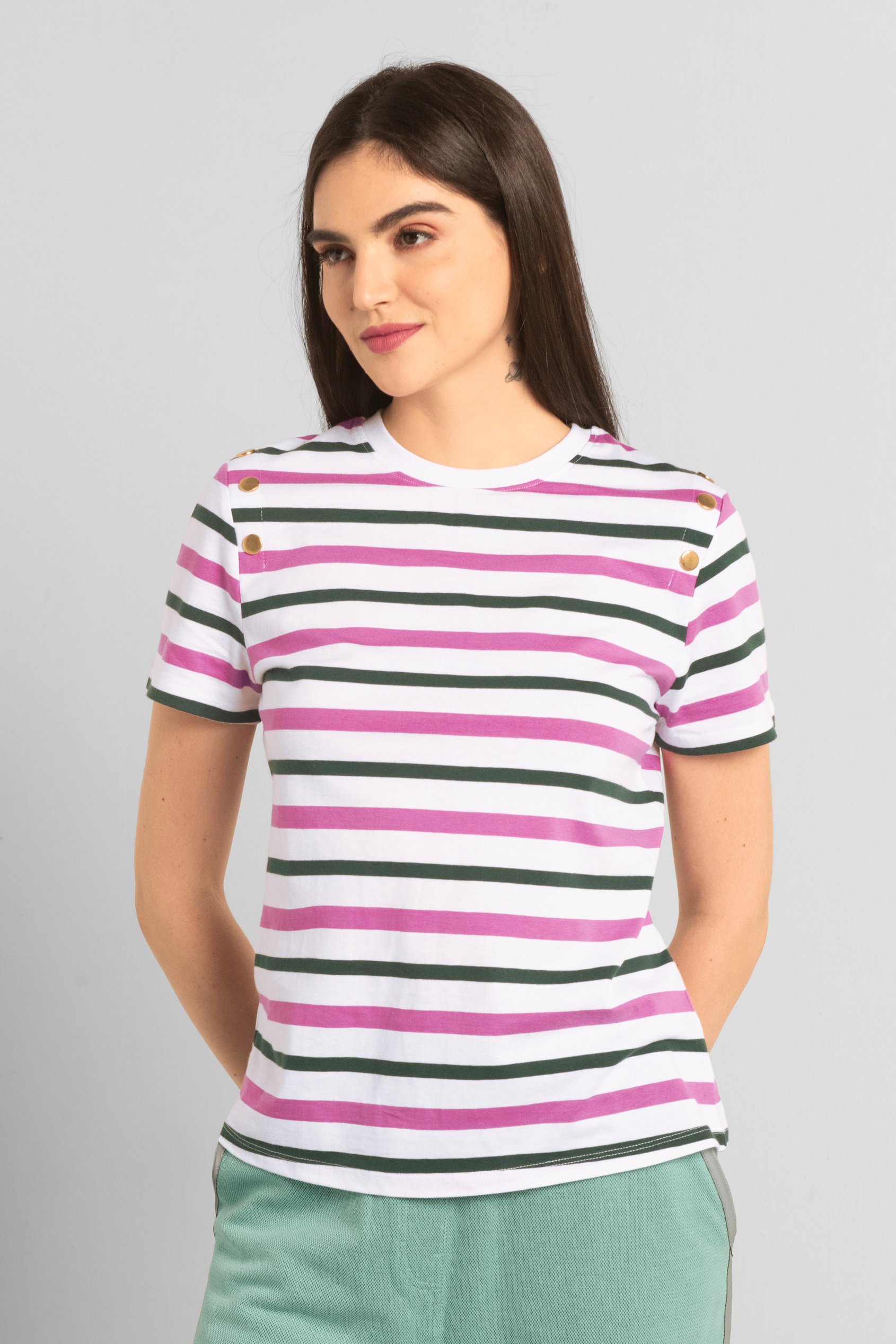 Womens Button Details Stripe T-Shirt