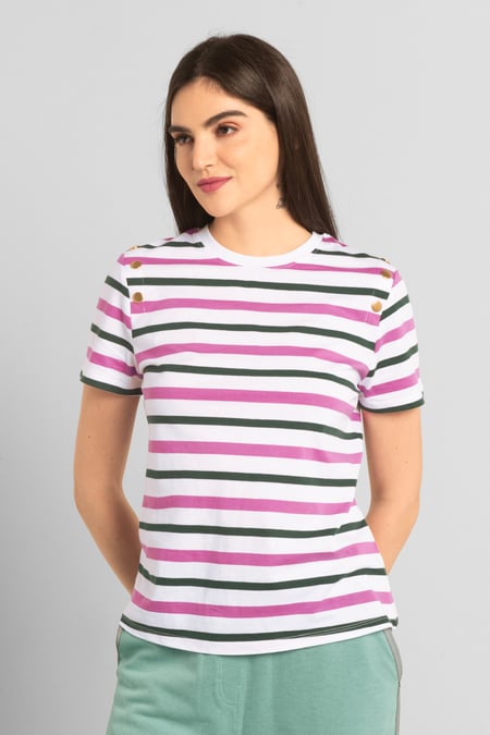 Womens Pink & Green Stripe Button Details Stripe T-Shirt