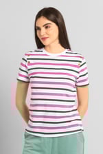 Womens Button Details Stripe T-Shirt