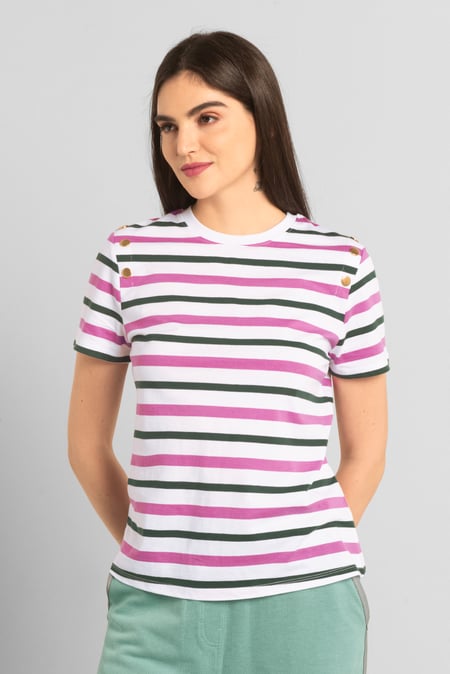 Womens Pink & Green Stripe Button Details Stripe T-Shirt