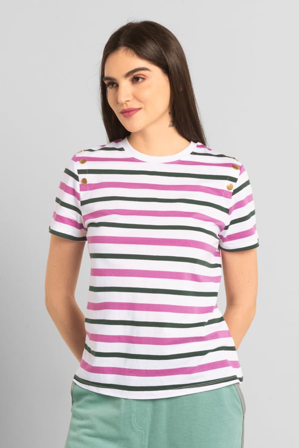 Womens Pink & Green Stripe Button Details Stripe T-Shirt