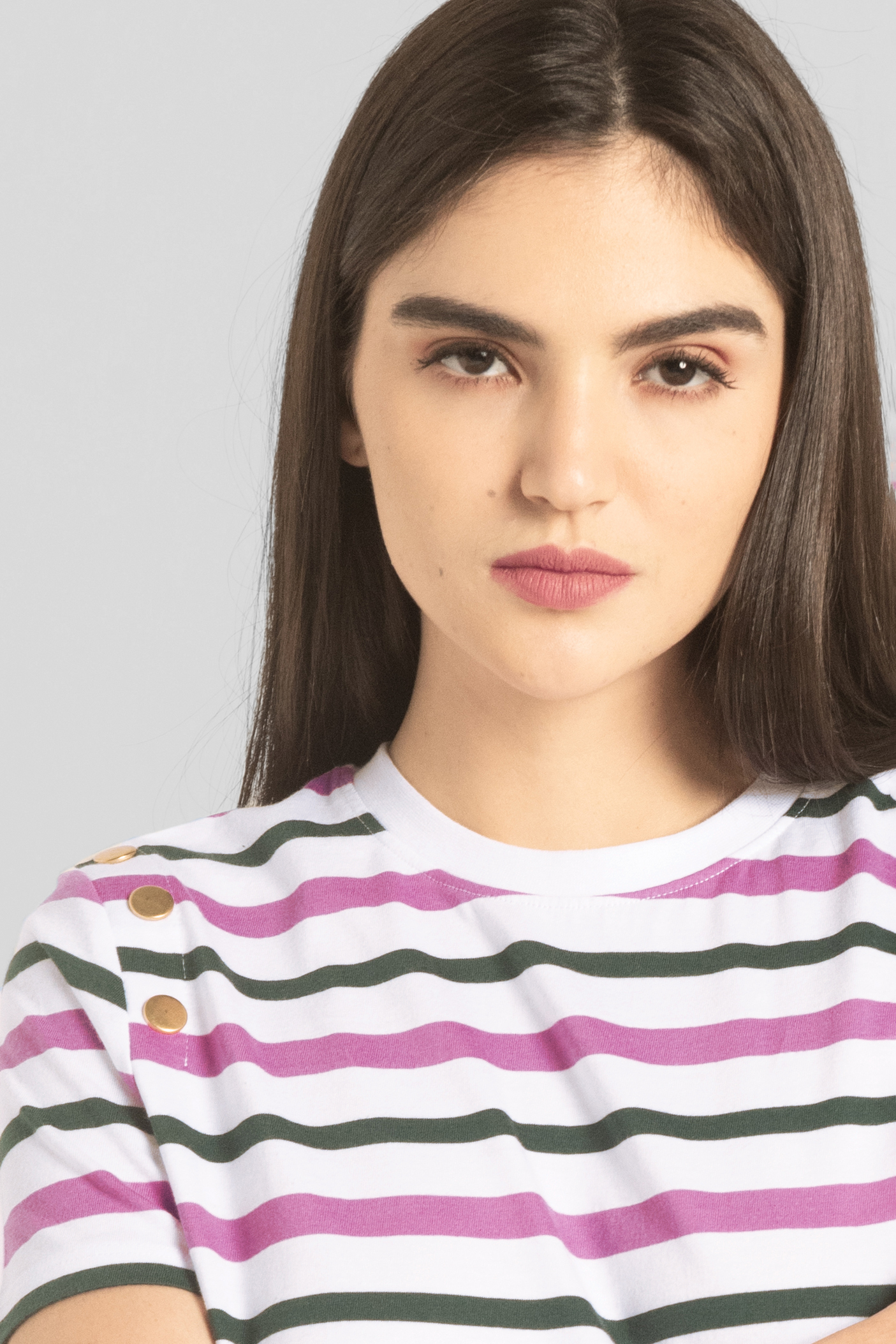 Womens Button Details Stripe T-Shirt
