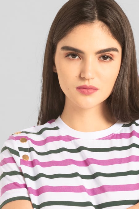 Womens Pink & Green Stripe Button Details Stripe T-Shirt
