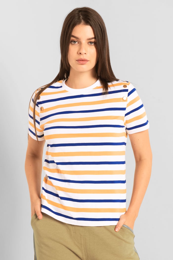 Womens Button Details Stripe T-Shirt