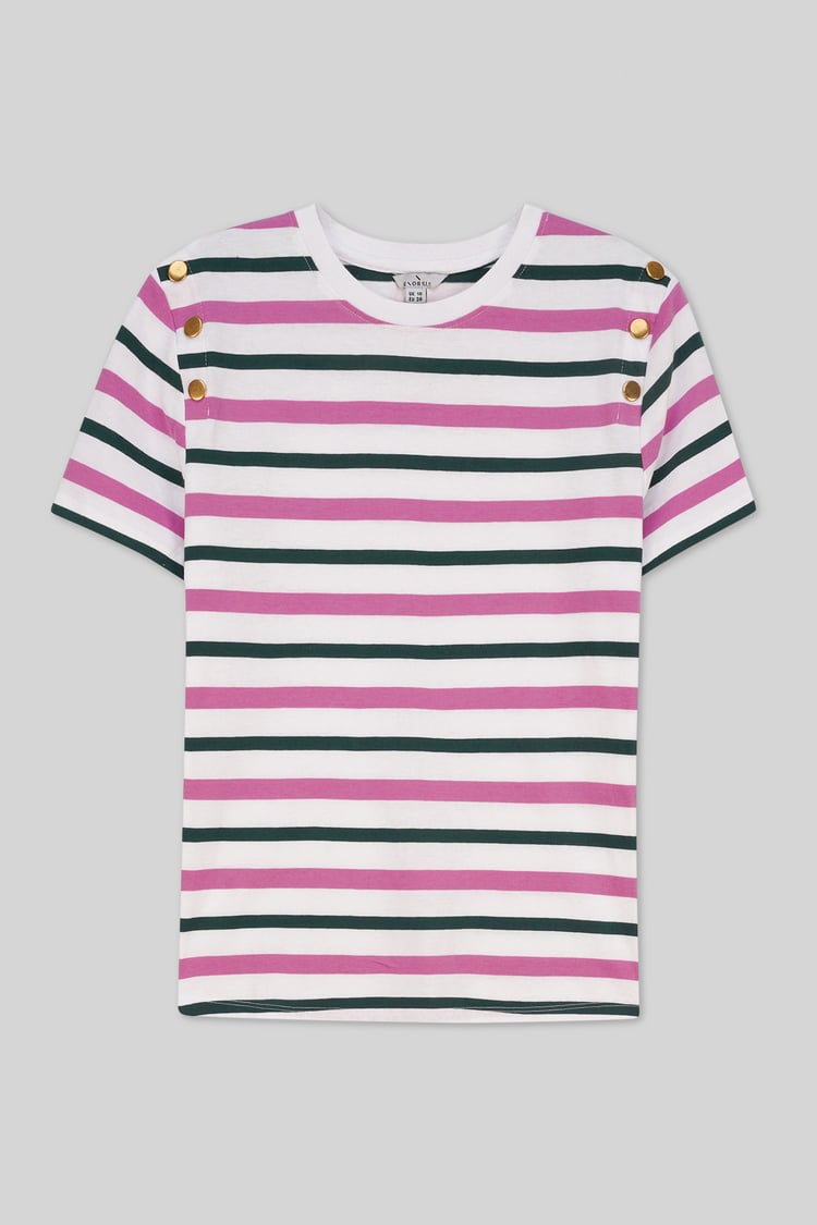 Womens Button Details Stripe T-Shirt