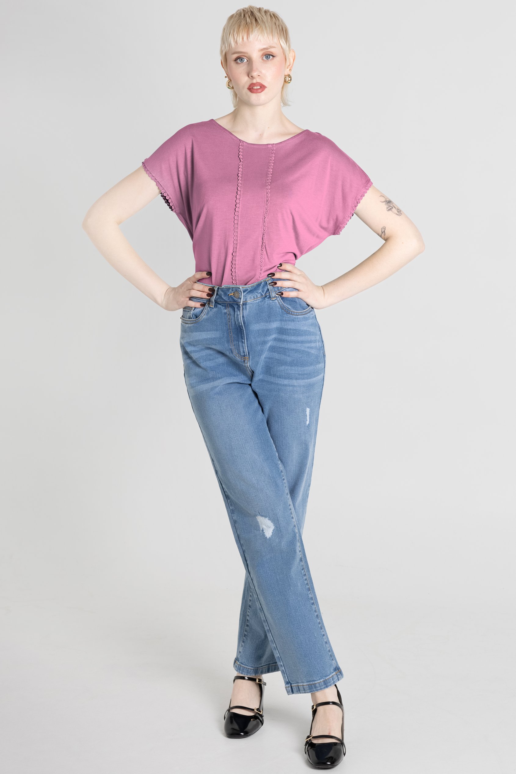 Boat Neck Front Lace Trim Tops