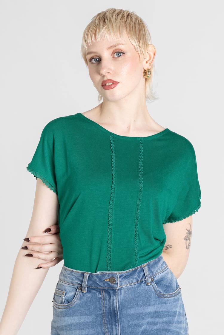 Boat Neck Front Lace Trim Tops