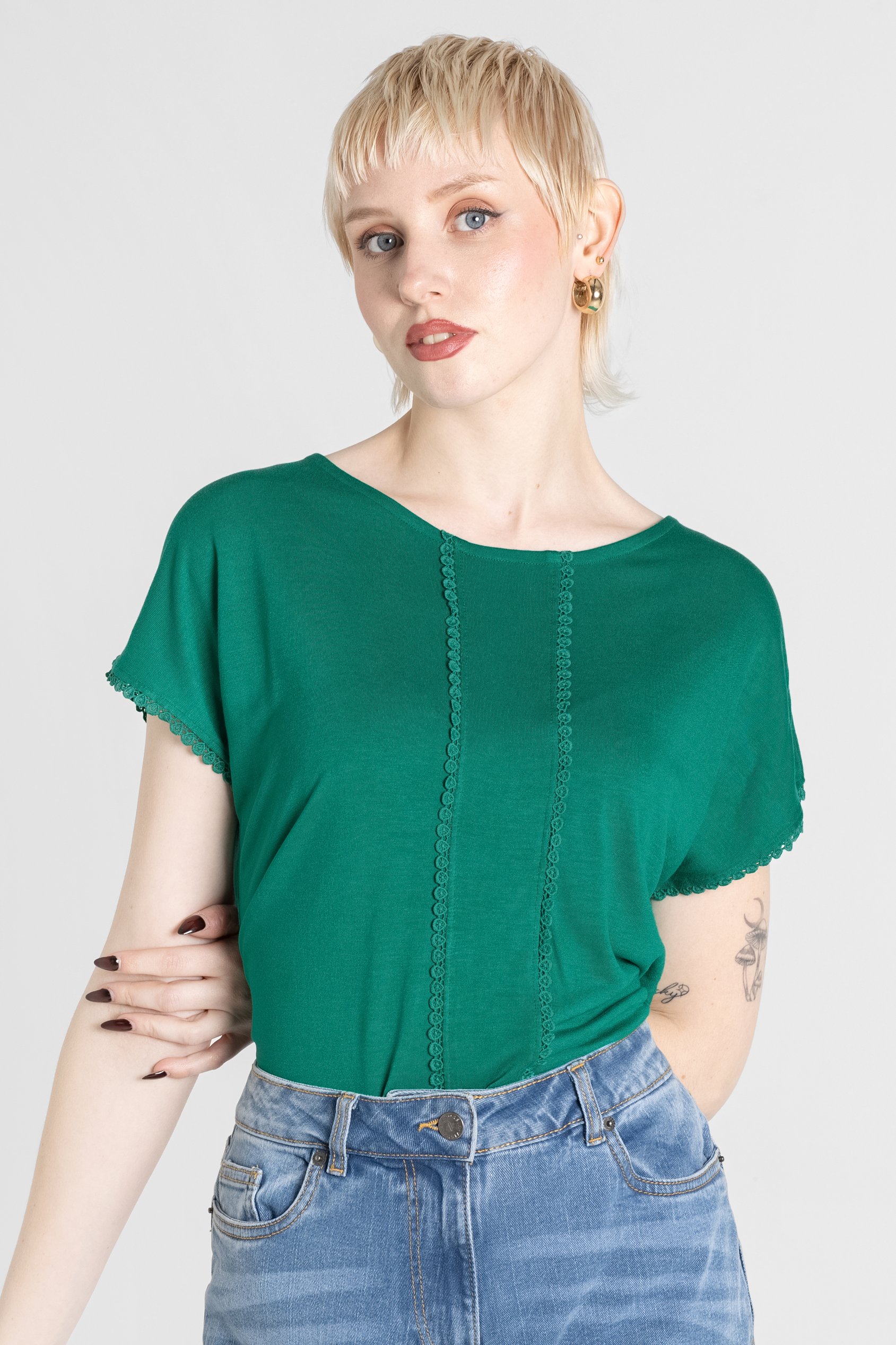 Boat Neck Front Lace Trim Tops