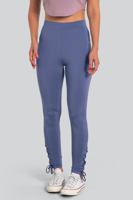 Women's Blue Draw cord Detailed Hem Slim Leggings