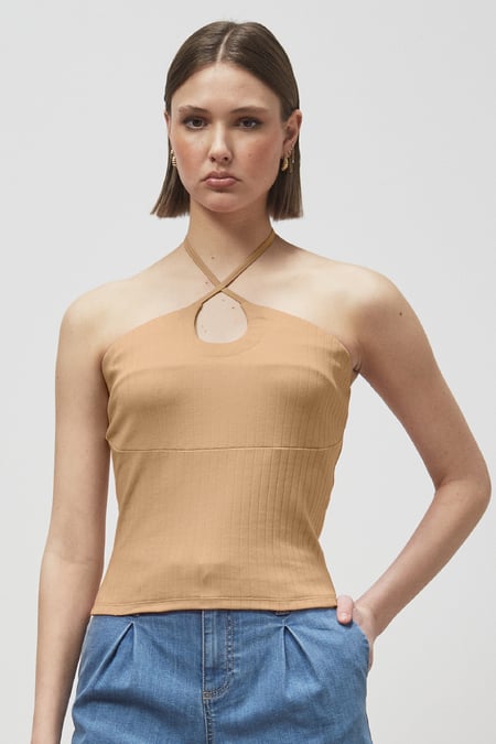 Green Halter Neck Ribbed Cami Vest Top