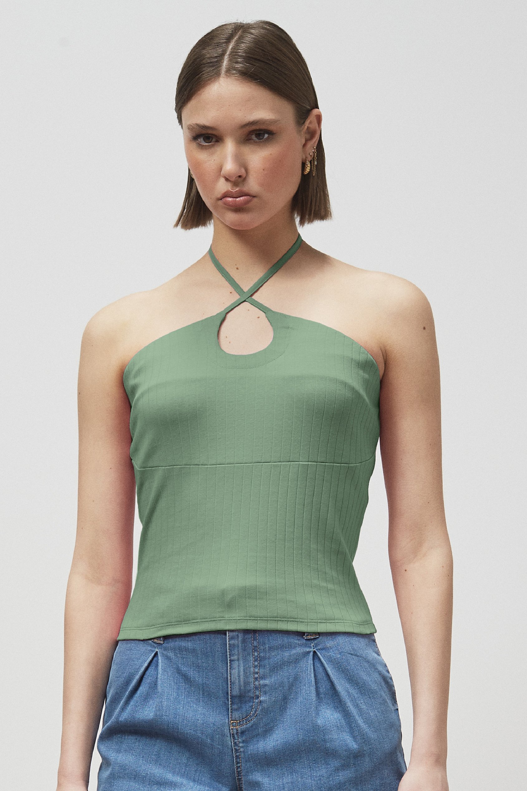 Halter Neck Ribbed Cami Vest Top