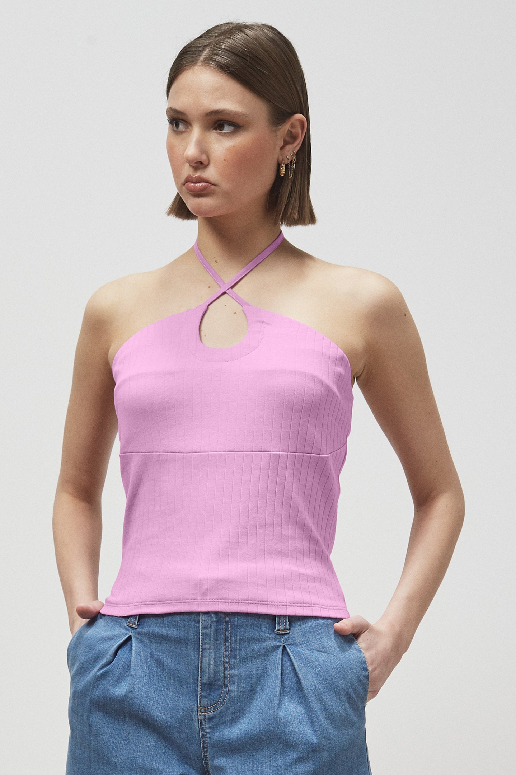 Halter Neck Ribbed Cami Vest Top