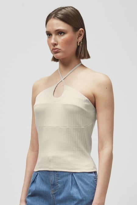 White Halter Neck Ribbed Cami Vest Top