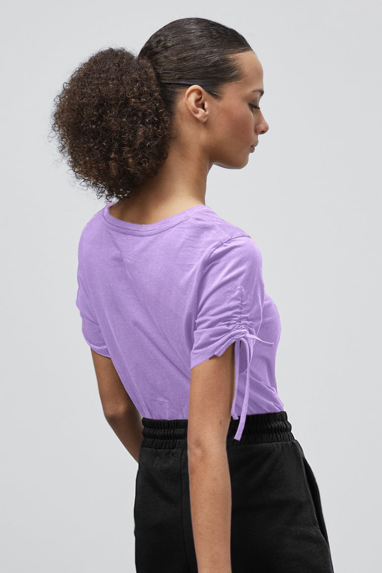 Ruched Sleeves Chest Printed T-Shirt