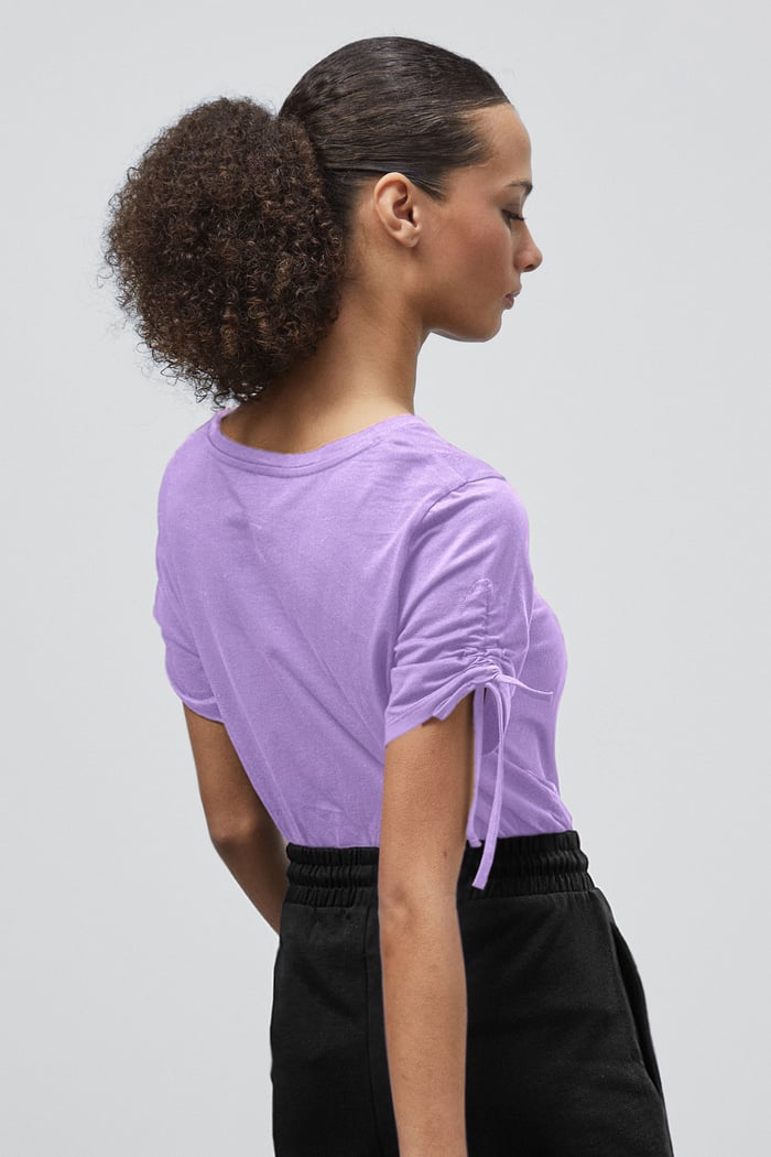 Ruched Sleeves Chest Printed T-Shirt