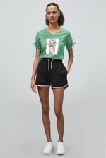 Ruched Sleeves Chest Printed T-Shirt