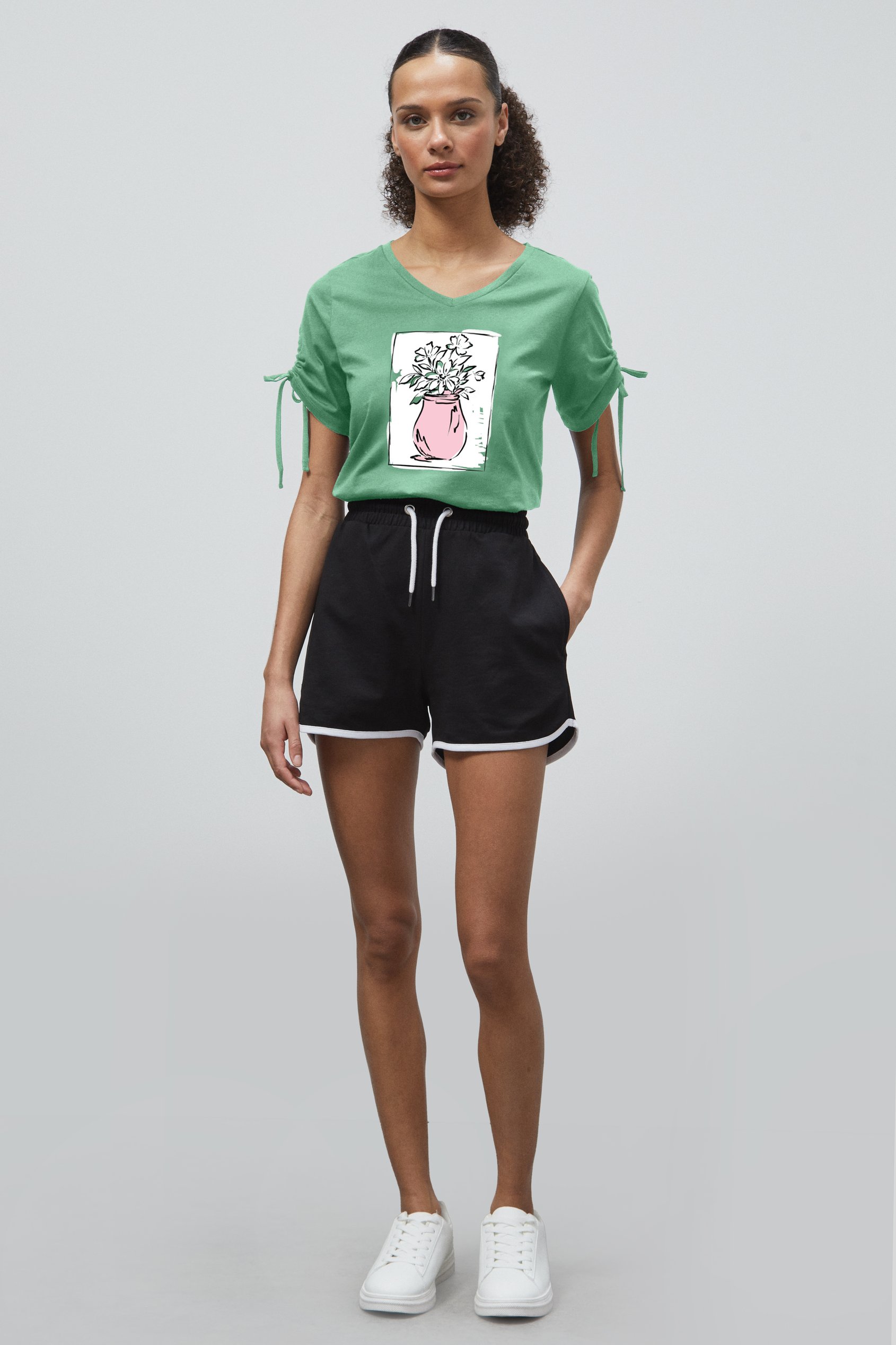 Ruched Sleeves Chest Printed T-Shirt