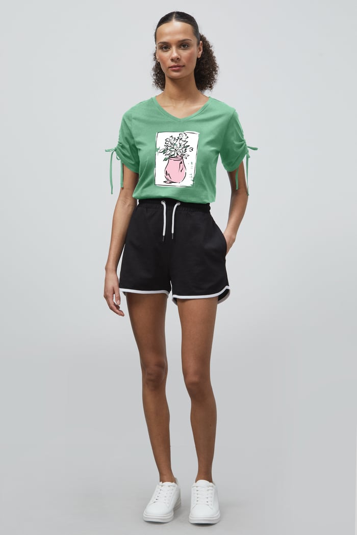 Ruched Sleeves Chest Printed T-Shirt