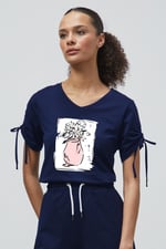 Ruched Sleeves Chest Printed T-Shirt