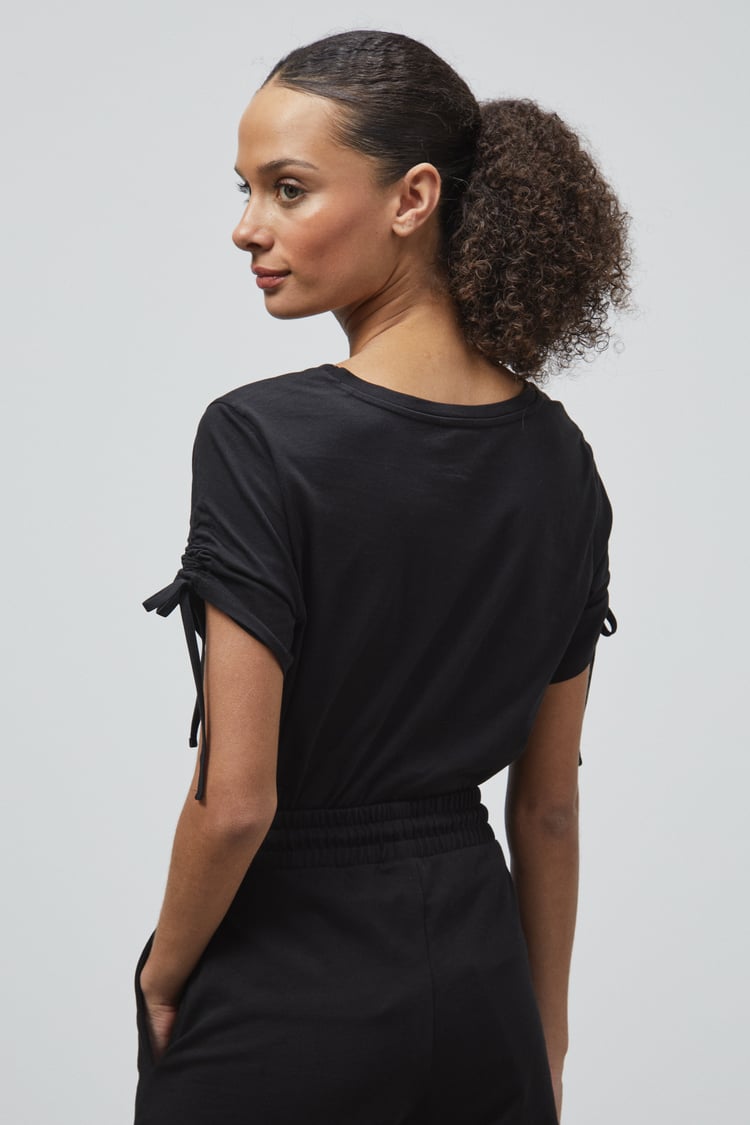 Ruched Sleeves Chest Printed T-Shirt