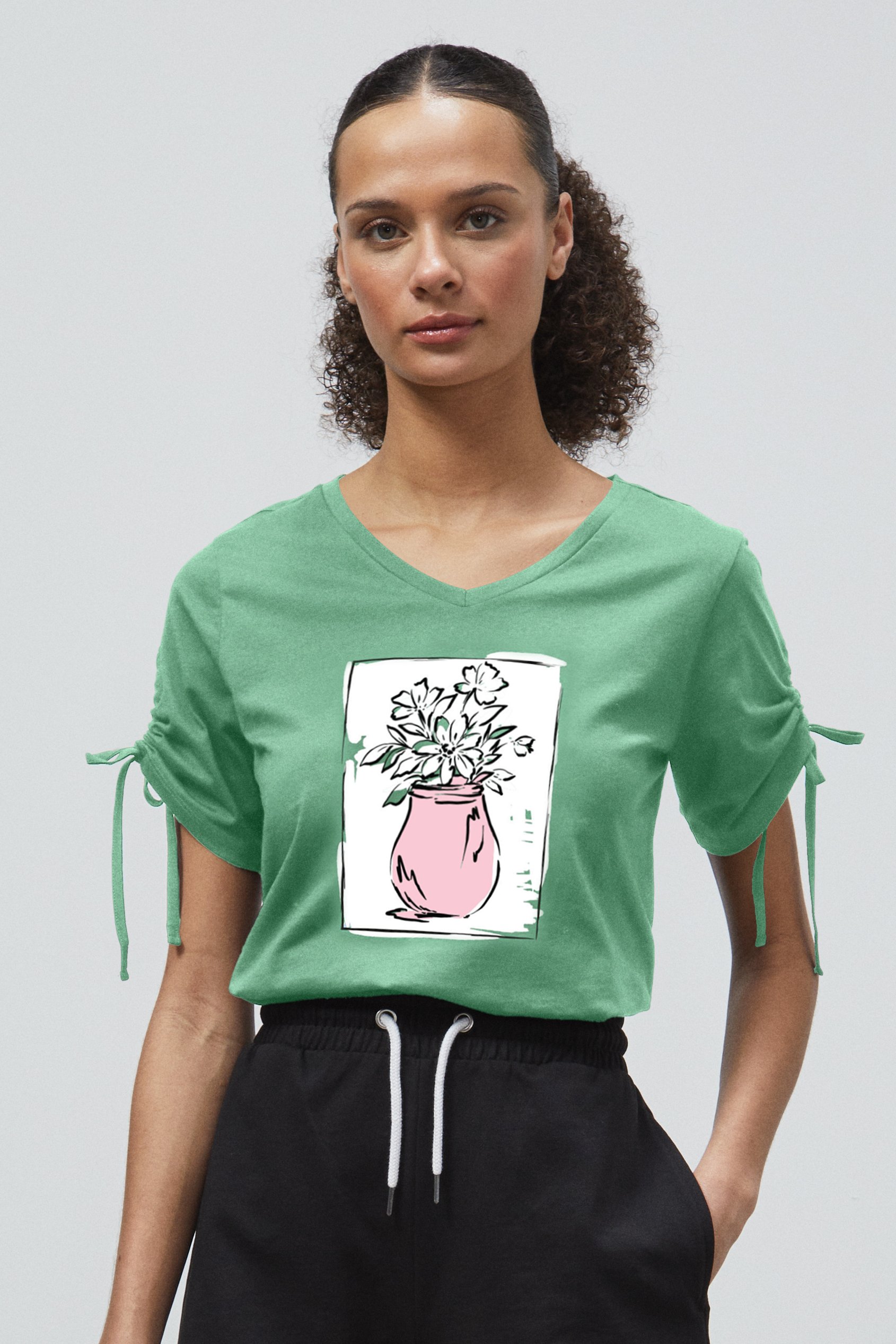 Ruched Sleeves Chest Printed T-Shirt