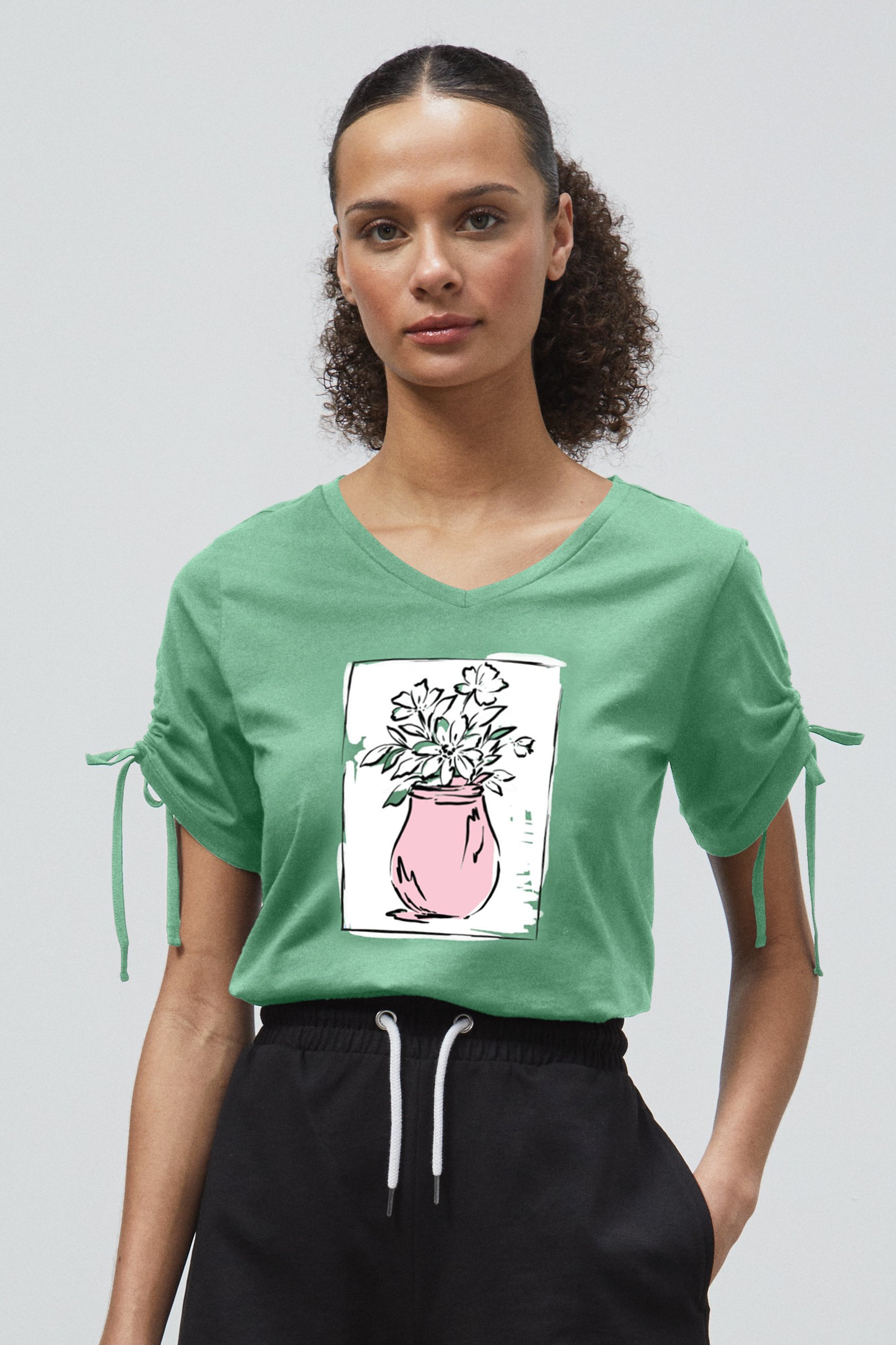 Ruched Sleeves Chest Printed T-Shirt