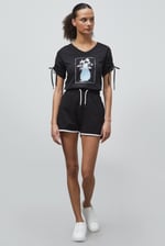 Ruched Sleeves Chest Printed T-Shirt