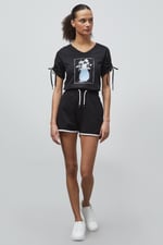 Ruched Sleeves Chest Printed T-Shirt