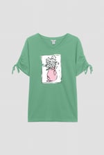 Ruched Sleeves Chest Printed T-Shirt