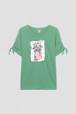 Ruched Sleeves Chest Printed T-Shirt