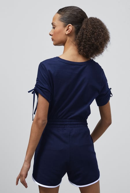 Blue Ruched Sleeves Chest Printed T-Shirt