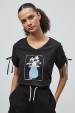 Ruched Sleeves Chest Printed T-Shirt