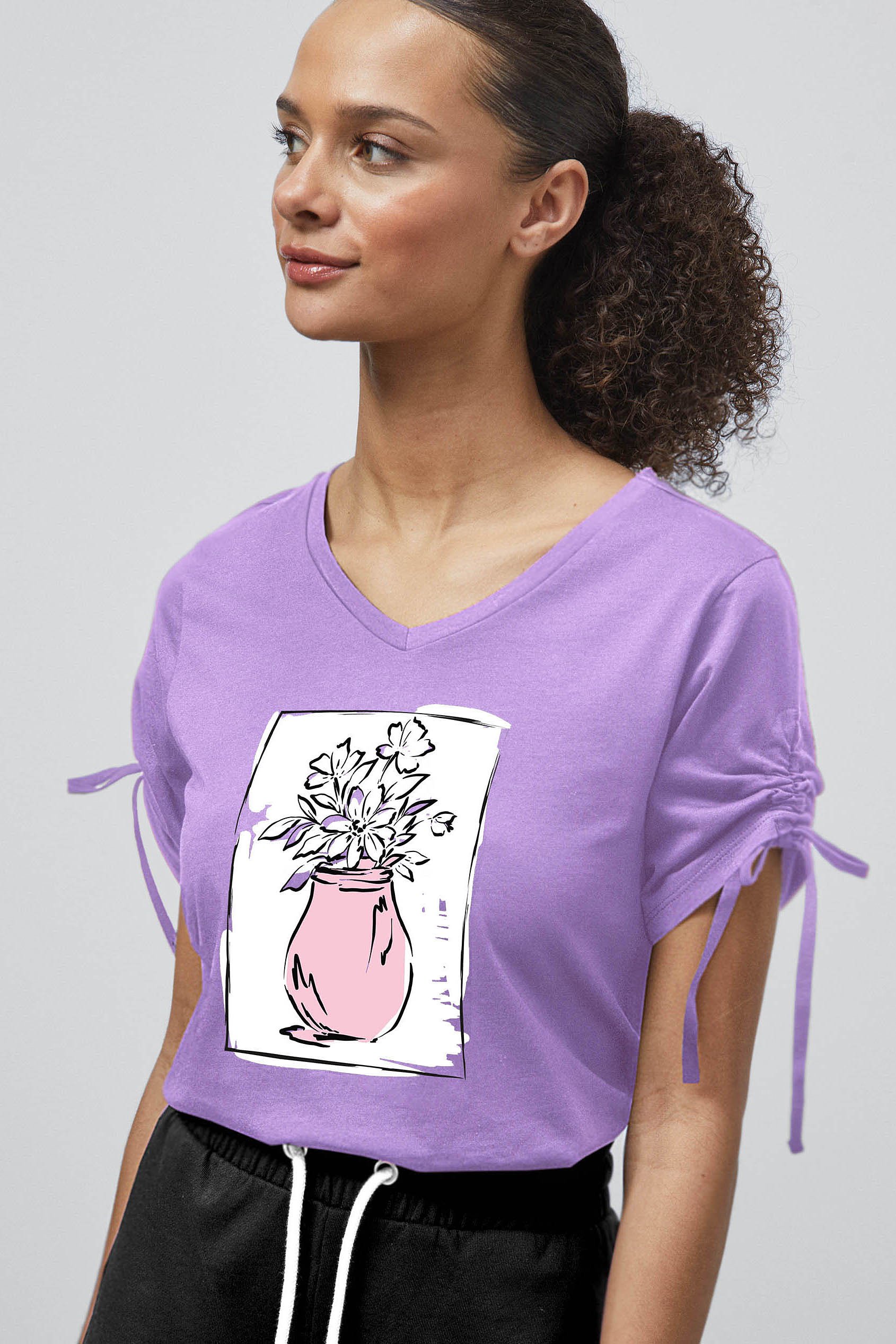 Ruched Sleeves Chest Printed T-Shirt