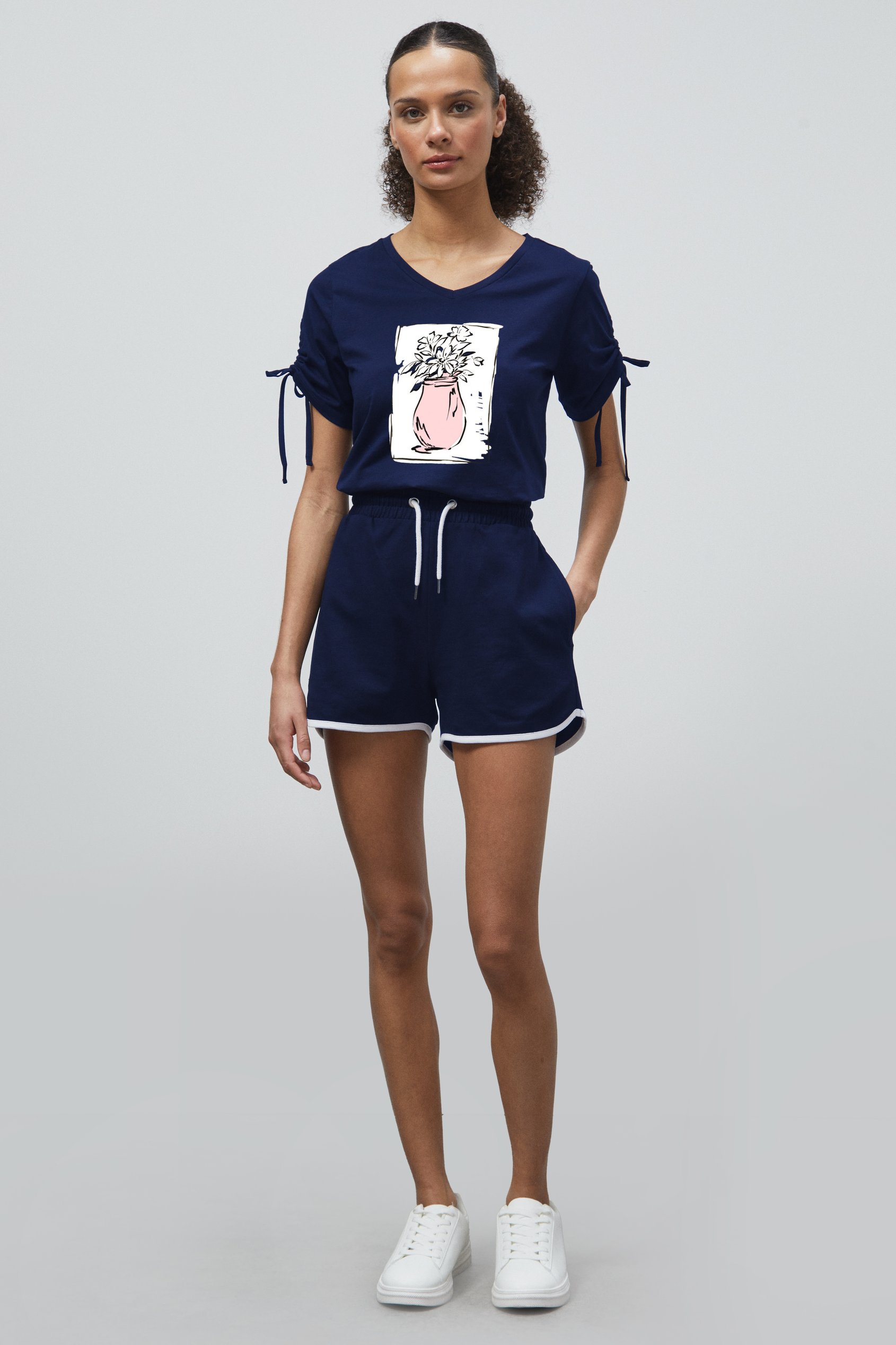 Ruched Sleeves Chest Printed T-Shirt