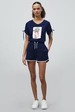 Ruched Sleeves Chest Printed T-Shirt