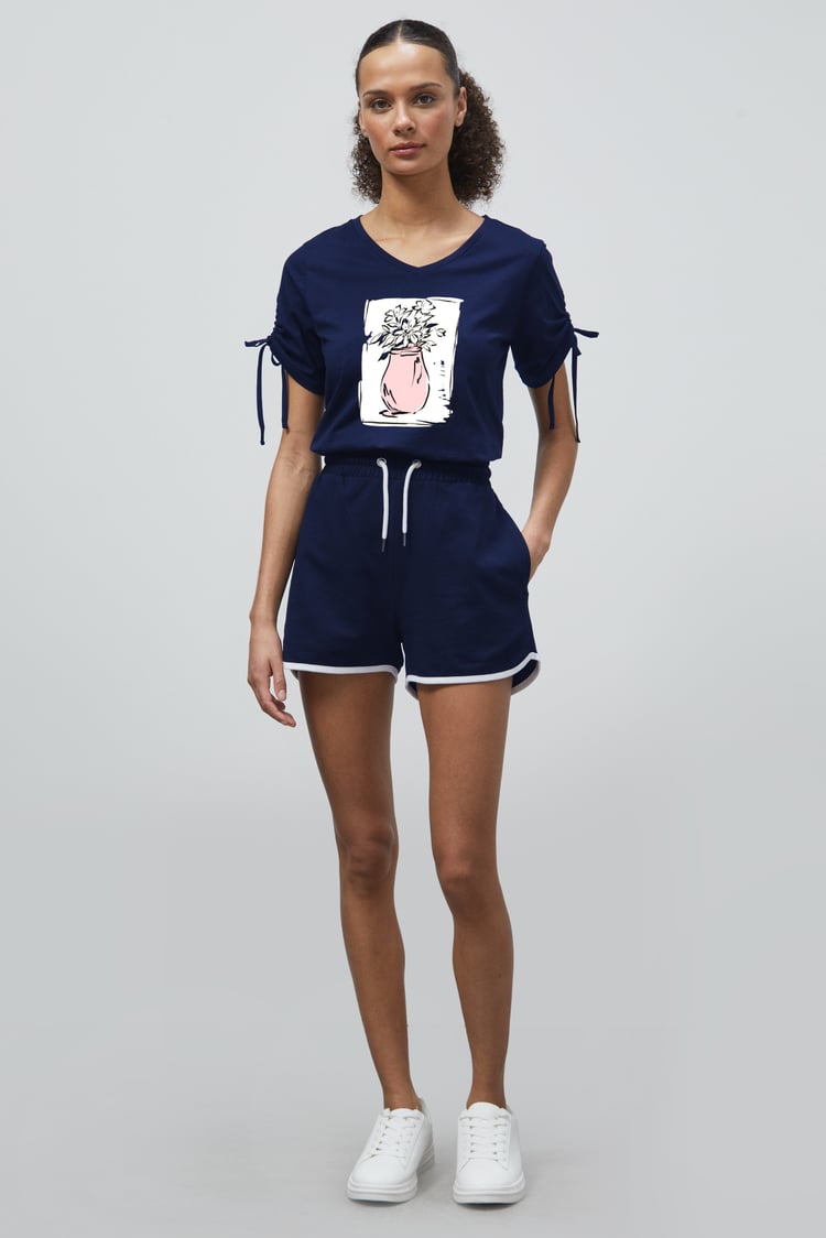 Ruched Sleeves Chest Printed T-Shirt