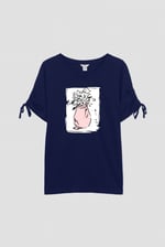 Ruched Sleeves Chest Printed T-Shirt