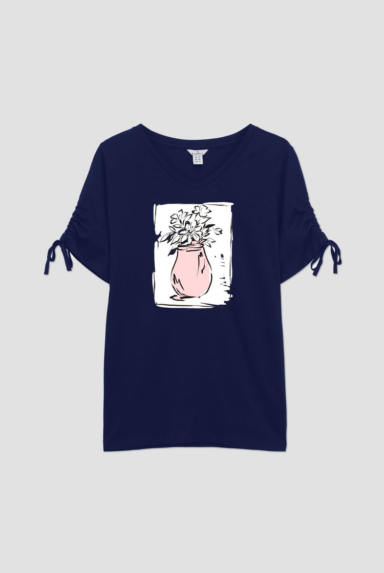 Ruched Sleeves Chest Printed T-Shirt