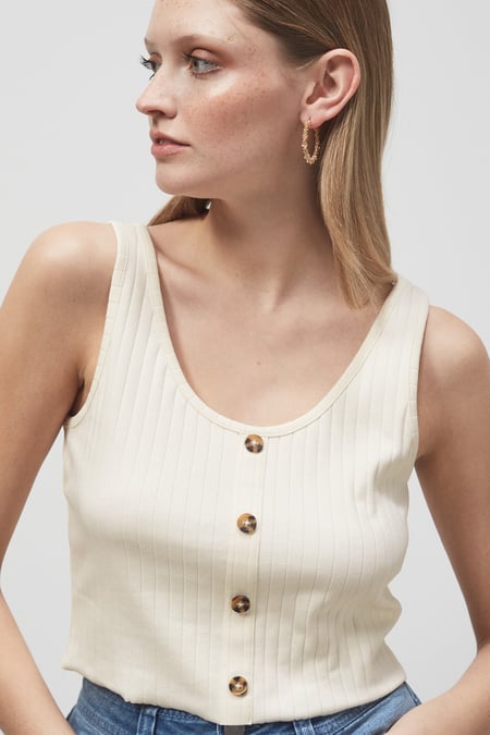 Cream Ribbed Front Button Tank Top