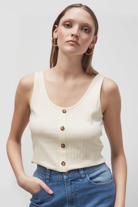 Green Ribbed Front Button Tank Top