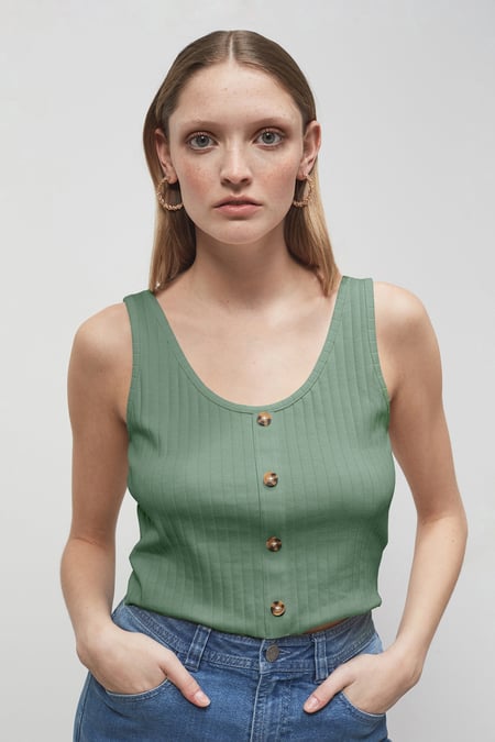Green Ribbed Front Button Tank Top