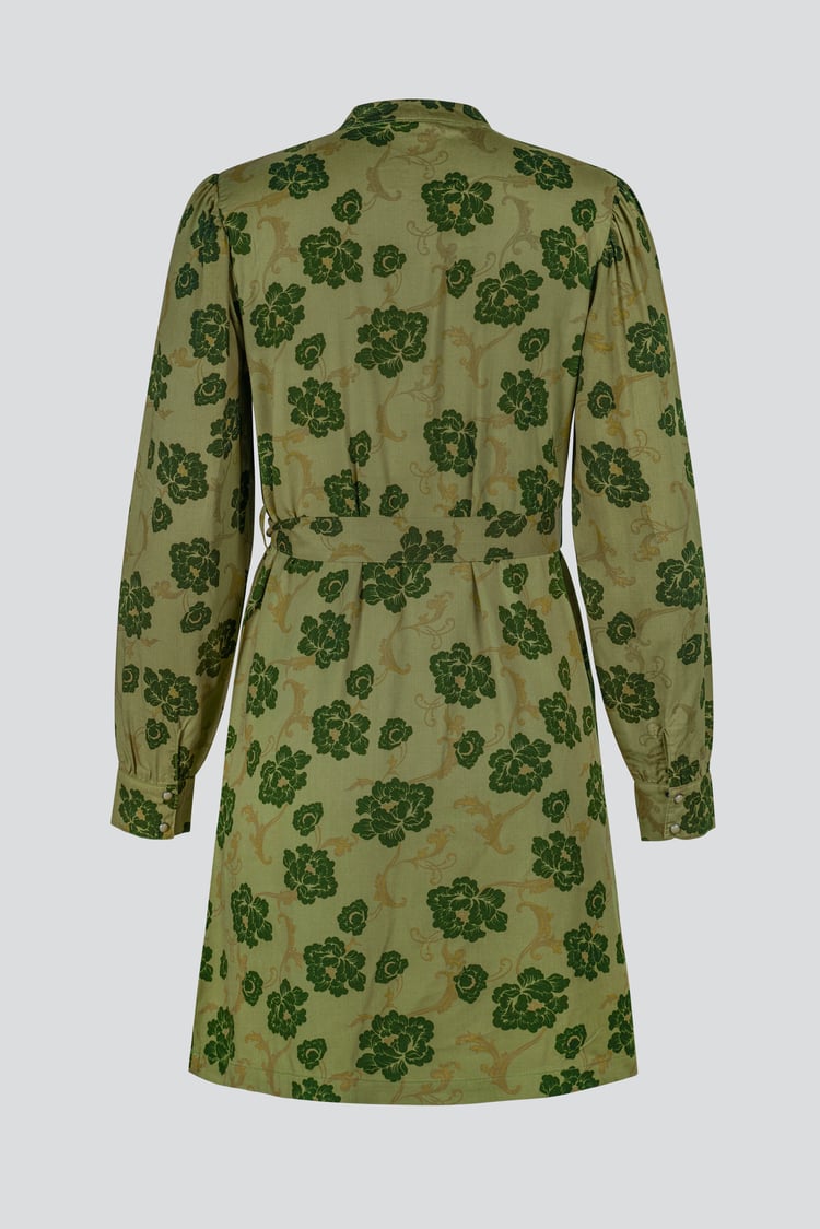 High Neck Green Floral Belted Mini Dress