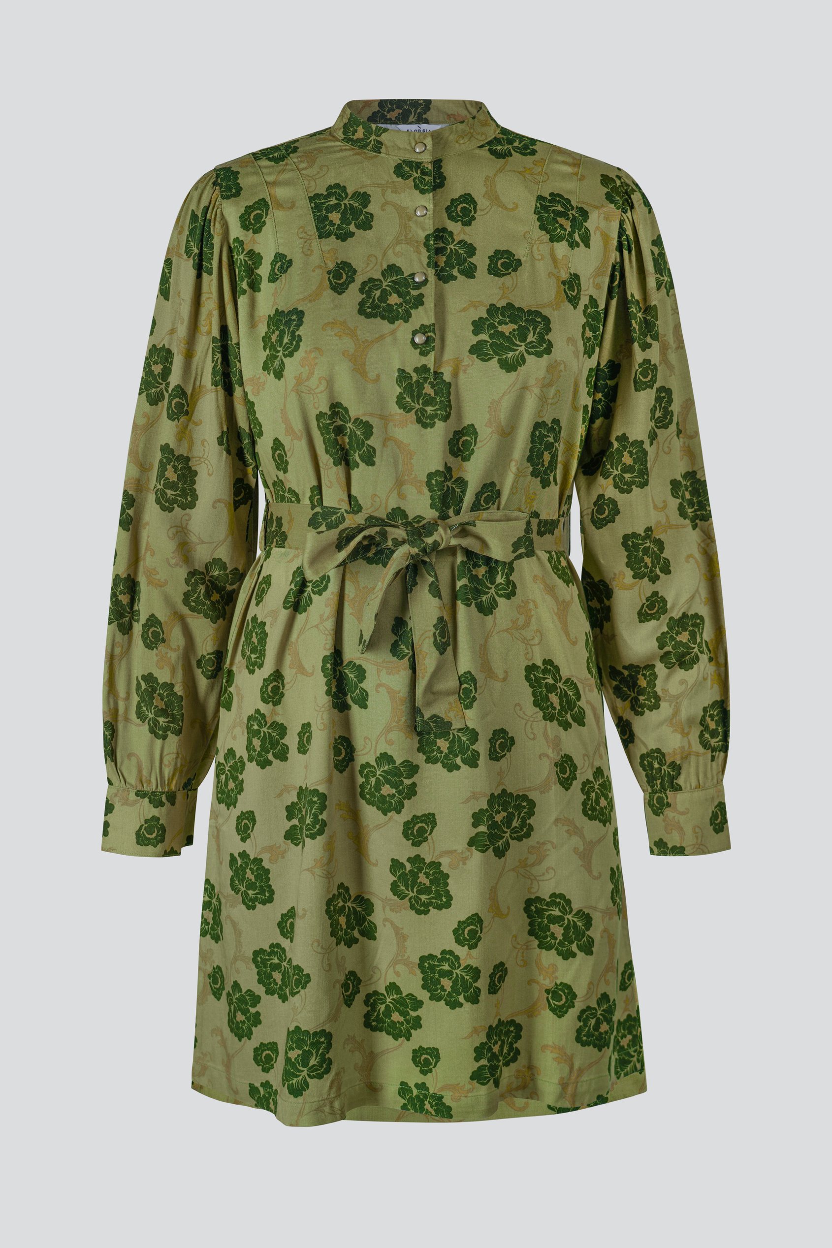 High Neck Green Floral Belted Mini Dress